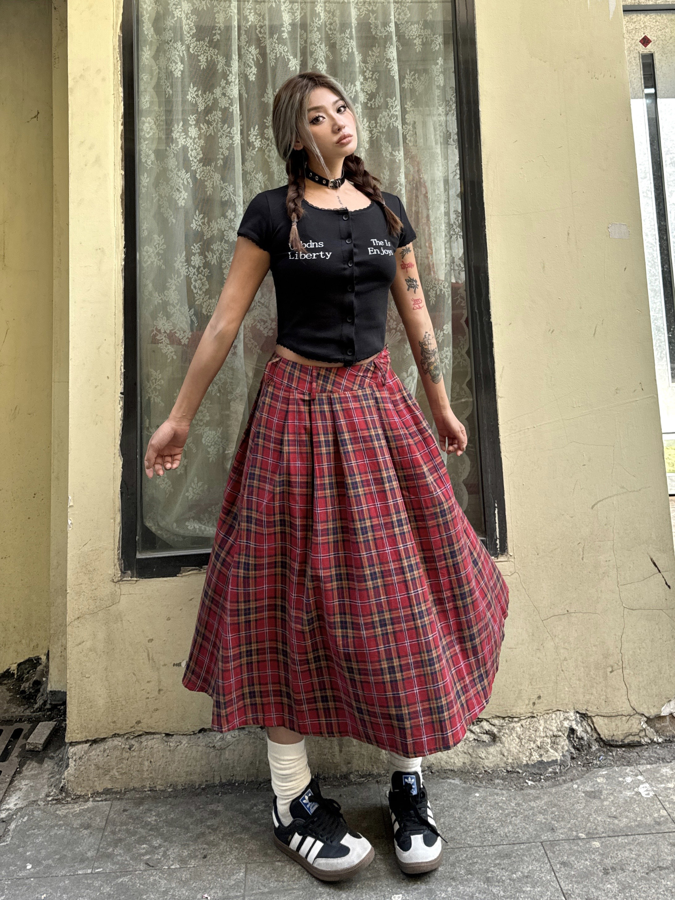 Vintage Red Plaid Midi Skirt for Summer - Slim A-Line Pleated Design, American Style, Spicy Girl Fashion, Y2K Aesthetic