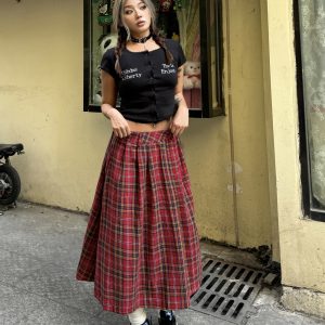 Vintage Red Plaid Midi Skirt for Summer - Slim A-Line Pleated Design, American Style, Spicy Girl Fashion, Y2K Aesthetic