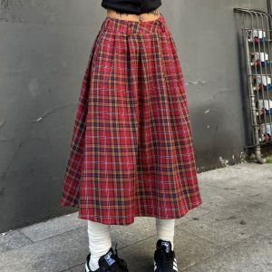 Vintage Red Plaid Midi Skirt for Summer - Slim A-Line Pleated Design, American Style, Spicy Girl Fashion, Y2K Aesthetic