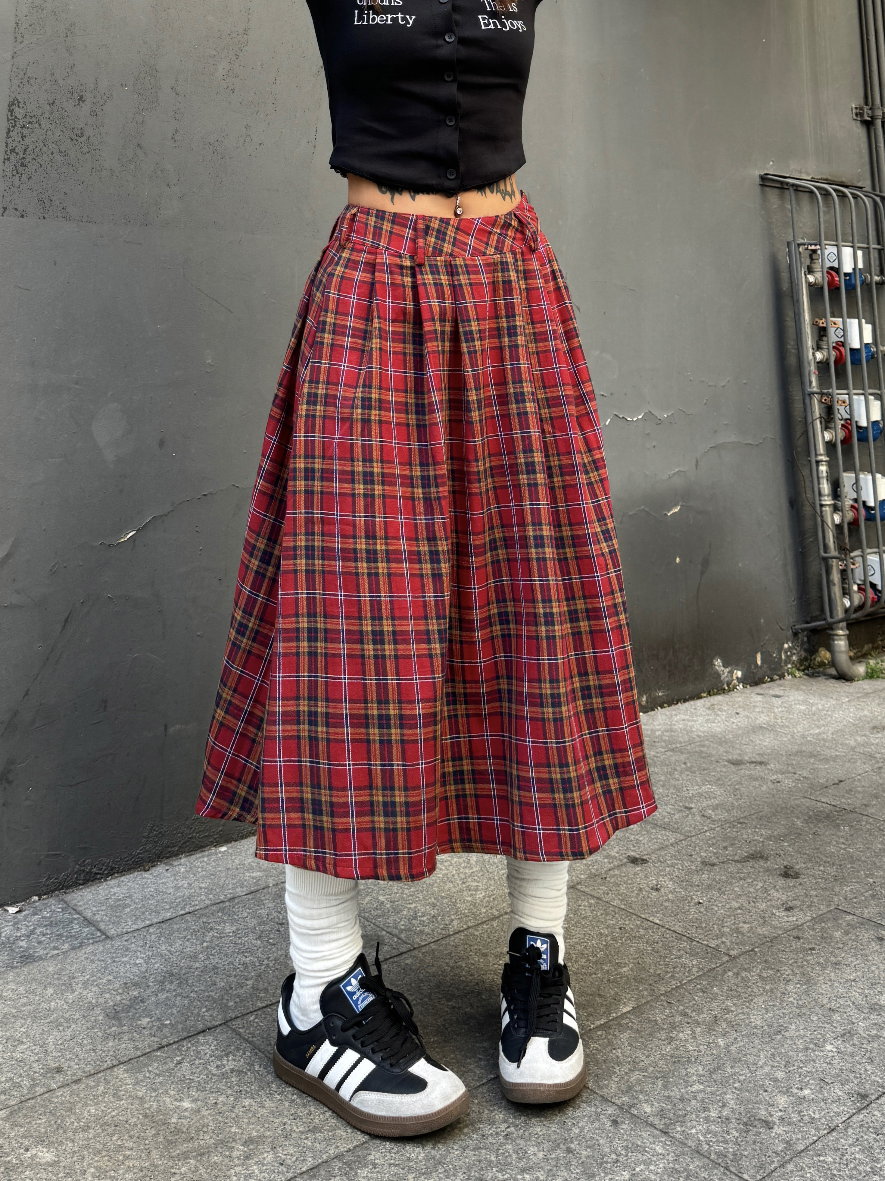 Vintage Red Plaid Midi Skirt for Summer - Slim A-Line Pleated Design, American Style, Spicy Girl Fashion, Y2K Aesthetic