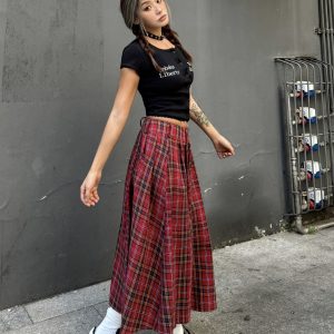 Vintage Red Plaid Midi Skirt for Summer - Slim A-Line Pleated Design, American Style, Spicy Girl Fashion, Y2K Aesthetic