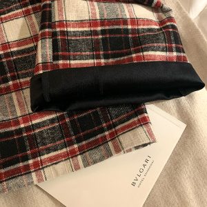 Vintage Red Plaid Wide-Leg Floor-Length Pants in Brushed Fleece | Casual Loose Fit Cotton Trousers for a Cozy Holiday Look