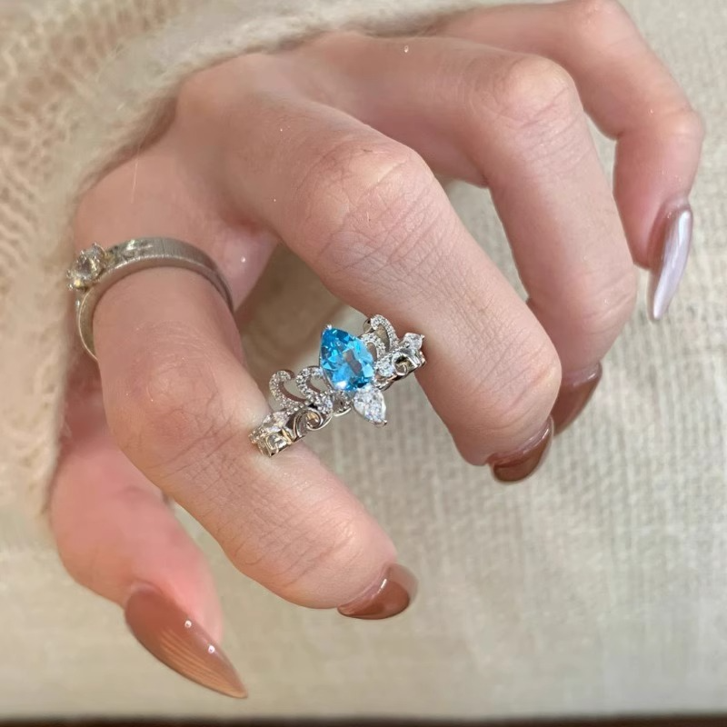 Vintage Retro Chinese Style Blue Tear Crown Water Drop Ring for Women, Antique-Inspired Exquisite Finger Ring, 2025 Fashion Statement
