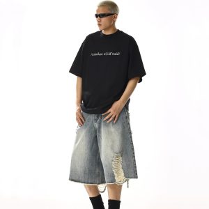 Vintage Ripped Denim Capri Pants for Men and Women, Distressed Loose Straight Wide-Leg Shorts, Summer Style Fashion