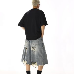 Vintage Ripped Denim Capri Pants for Men and Women, Distressed Loose Straight Wide-Leg Shorts, Summer Style Fashion