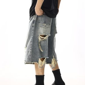 Vintage Ripped Denim Capri Pants for Men and Women, Distressed Loose Straight Wide-Leg Shorts, Summer Style Fashion
