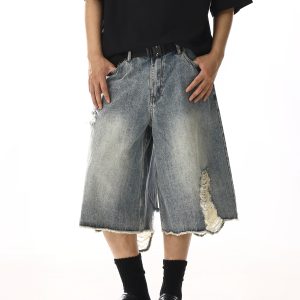 Vintage Ripped Denim Capri Pants for Men and Women, Distressed Loose Straight Wide-Leg Shorts, Summer Style Fashion