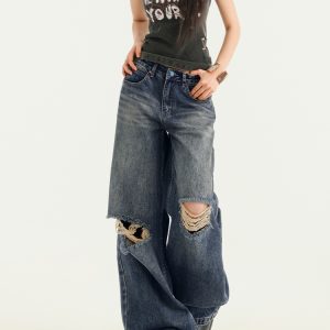Vintage Ripped Wide-Leg Jeans for Women - High-Waisted Loose Straight Pants, Spring 2025 American High Street Style