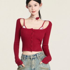 Vintage Slim Fit Knitted Cardigan with Flare Neck, Long Sleeve Layering Top for Hot Girl Style, Perfect for Y2K and 90s Fashion