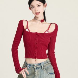 Vintage Slim Fit Knitted Cardigan with Flare Neck, Long Sleeve Layering Top for Hot Girl Style, Perfect for Y2K and 90s Fashion