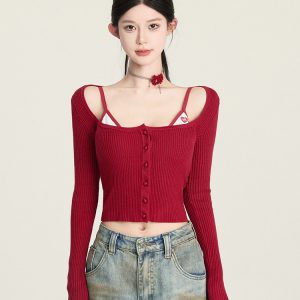 Vintage Slim Fit Knitted Cardigan with Flare Neck, Long Sleeve Layering Top for Hot Girl Style, Perfect for Y2K and 90s Fashion