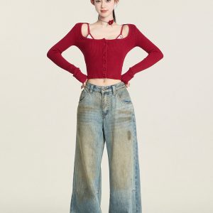Vintage Slim Fit Knitted Cardigan with Flare Neck, Long Sleeve Layering Top for Hot Girl Style, Perfect for Y2K and 90s Fashion