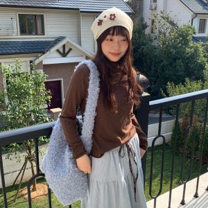 Vintage Soft Cotton Wool High Neck Long Sleeve Top - Pine Cone Cabin Loose Fit for Cozy Fall Style
