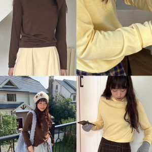 Vintage Soft Cotton Wool High Neck Long Sleeve Top - Pine Cone Cabin Loose Fit for Cozy Fall Style