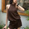 Vintage Solid Color Backless Halter Top and High Waist Slim Fit Shorts Two-Piece Set for Women - Eccentric Girl Y2K Style