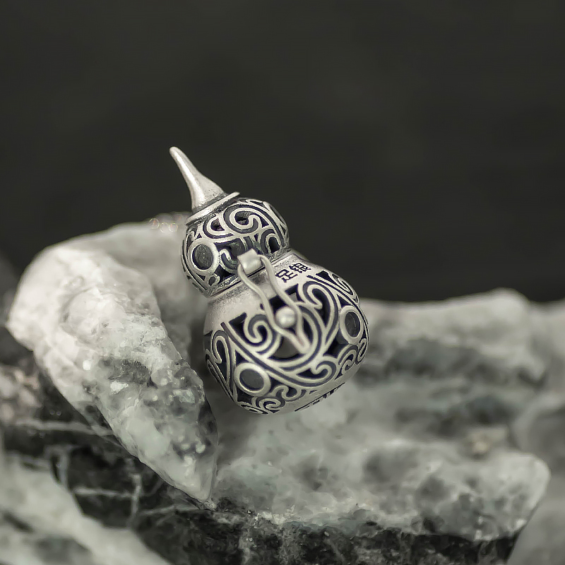 Vintage Sterling Silver Aromatherapy Ball Gourd Pendant Women's Collarbone Chain with Hollow Auspicious Red Lotus Flower Design