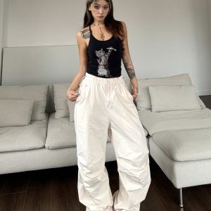 Vintage Street Style Pleated Wide-Leg Cargo Pants with Elastic Waist and Drawstring, Casual Loose Floor-Length Trousers for 90s Y2K Fashion
