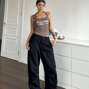 Vintage Street Style Pleated Wide-Leg Cargo Pants with Elastic Waist and Drawstring, Casual Loose Floor-Length Trousers for 90s Y2K Fashion