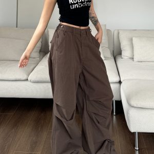 Vintage Street Style Pleated Wide-Leg Cargo Pants with Elastic Waist and Drawstring, Casual Loose Floor-Length Trousers for 90s Y2K Fashion