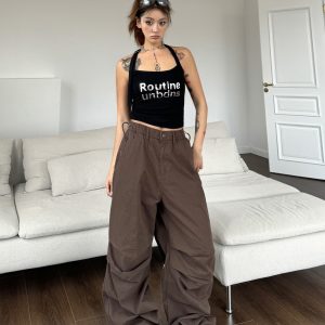 Vintage Street Style Pleated Wide-Leg Cargo Pants with Elastic Waist and Drawstring, Casual Loose Floor-Length Trousers for 90s Y2K Fashion
