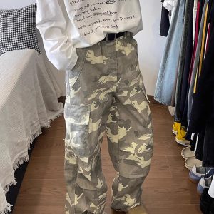 Vintage Street-Washed Distressed Multi-Pocket Camouflage Cargo Pants - Men's Casual Fit Jeans for 90s Y2K Style