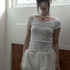 Vintage Summer Girl Lace Splicing V-Neck Short Sleeve T-Shirt - Unique Basic Versatile Style for Y2K and Korean Fashion Enthusiasts