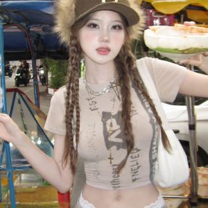 Vintage Thai Girl Letter Print Cropped Short Sleeve T-Shirt for Women - Slim Fit, Y2K Style, Trendy Casual Top