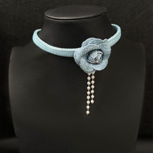 Vintage Three-Dimensional Denim Blue Flower Choker Necklace for Women - Unique Collarbone Chain Neckband - Boho Style