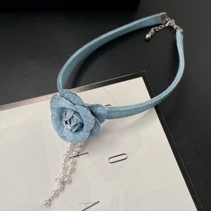 Vintage Three-Dimensional Denim Blue Flower Choker Necklace for Women - Unique Collarbone Chain Neckband - Boho Style