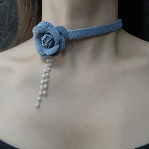 Vintage Three-Dimensional Denim Blue Flower Choker Necklace for Women - Unique Collarbone Chain Neckband - Boho Style