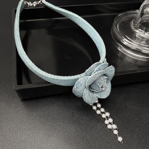 Vintage Three-Dimensional Denim Blue Flower Choker Necklace for Women - Unique Collarbone Chain Neckband - Boho Style