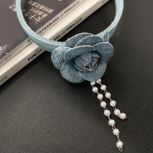 Vintage Three-Dimensional Denim Blue Flower Choker Necklace for Women - Unique Collarbone Chain Neckband - Boho Style