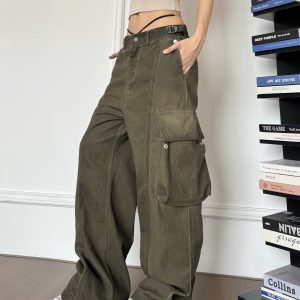 Vintage Wash Distressed Wide-Leg Cargo Pants for Women - High Street Floor-Length, Loose Fit with Big Pockets, Y2K Style