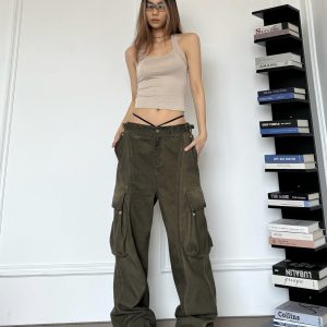 Vintage Wash Distressed Wide-Leg Cargo Pants for Women - High Street Floor-Length, Loose Fit with Big Pockets, Y2K Style