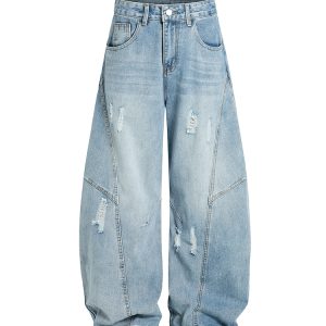 Vintage Wash Distressed Wide-Leg Ripped Jeans for Men - Loose American Style Curved Blade Denim Pants