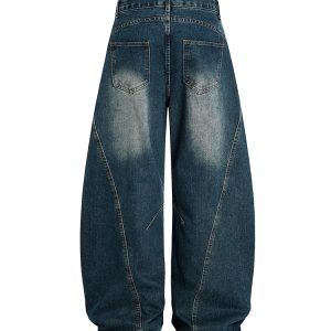 Vintage Wash Distressed Wide-Leg Ripped Jeans for Men - Loose American Style Curved Blade Denim Pants