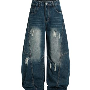 Vintage Wash Distressed Wide-Leg Ripped Jeans for Men - Loose American Style Curved Blade Denim Pants