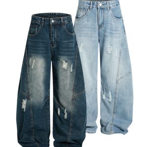 Vintage Wash Distressed Wide-Leg Ripped Jeans for Men - Loose American Style Curved Blade Denim Pants