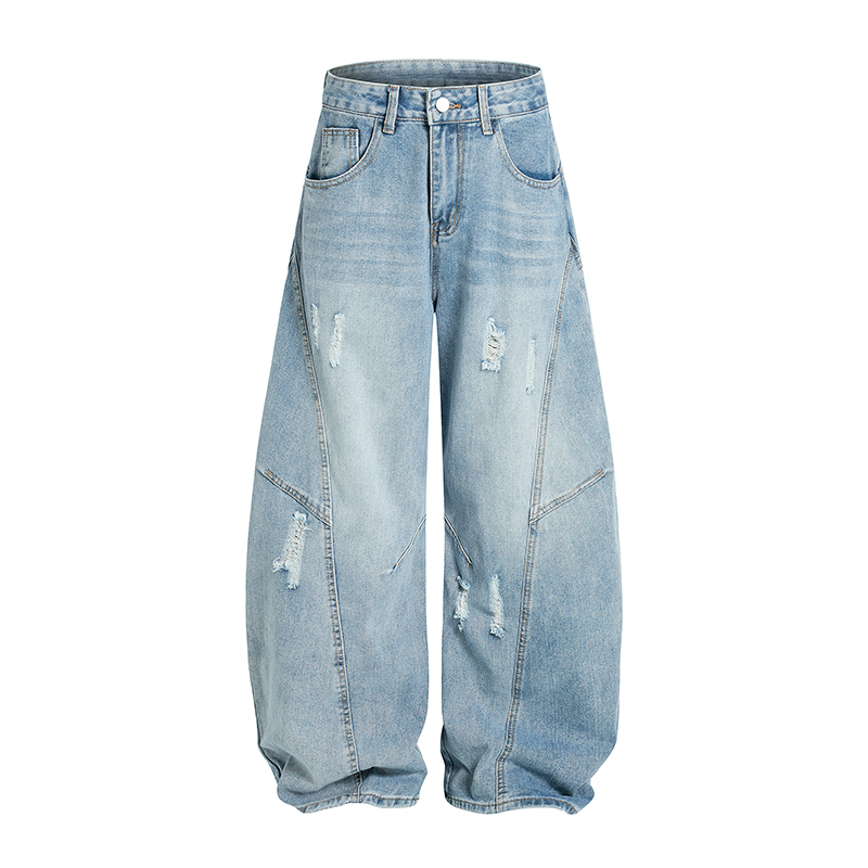 Vintage Wash Distressed Wide-Leg Ripped Jeans for Men - Loose American Style Curved Blade Denim Pants