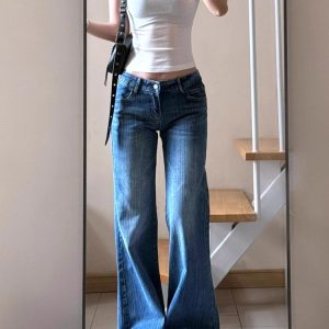 Vintage Washed Bamboo Flared Jeans for Women - Low-Waist Loose Wide-Leg Bell-Bottom Pants for Summer Style