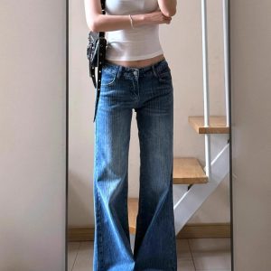 Vintage Washed Bamboo Flared Jeans for Women - Low-Waist Loose Wide-Leg Bell-Bottom Pants for Summer Style