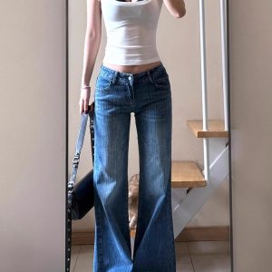 Vintage Washed Bamboo Flared Jeans for Women - Low-Waist Loose Wide-Leg Bell-Bottom Pants for Summer Style