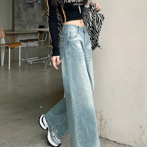 Vintage Washed High-Waisted Wide-Leg Jeans for Women - Spring 2025 Slimming Loose Straight-Leg Floor-Length Pants
