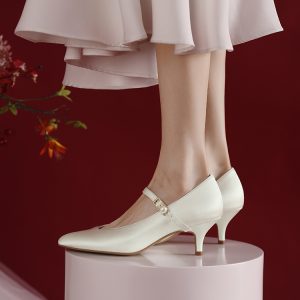 Vintage White Satin Mary Jane Wedding Shoes for Brides - Comfortable Mid-Heel Flats for Daily Wear