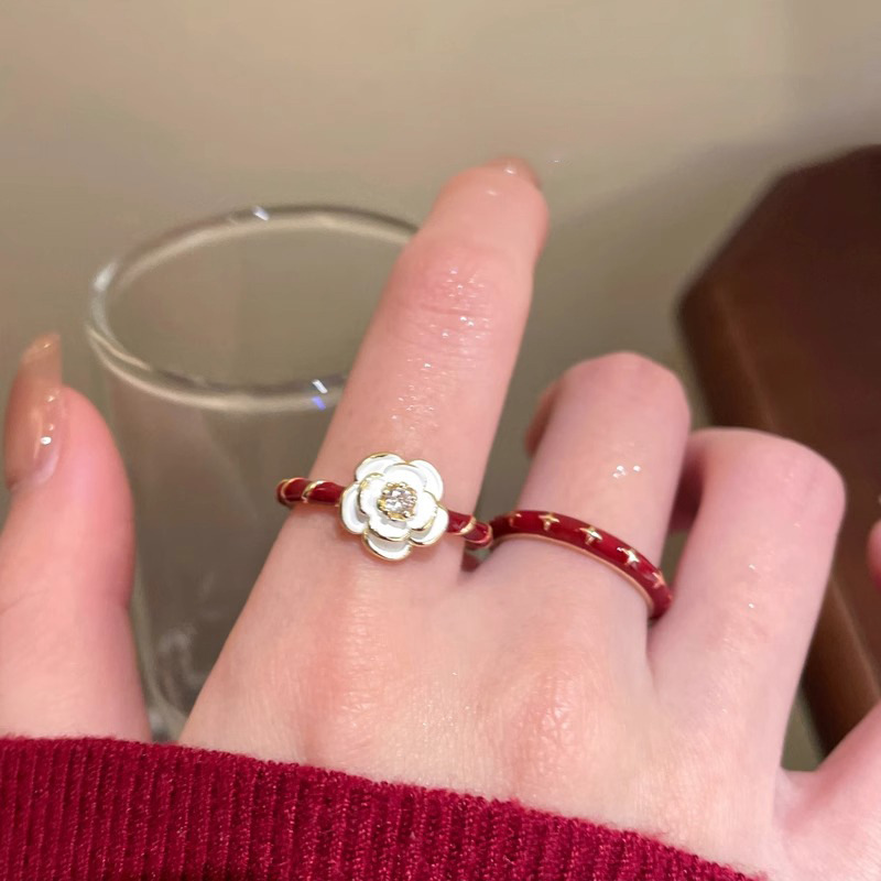 Vintage Wine Red Drip Glaze Camellia Ring for Women - Minimalist Adjustable Finger Ring, 2025 Trendy Jewelry
