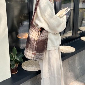 Vintage Wool Plaid Bucket Bag - Truffle Tani Inspired Autumn Winter Shoulder Bag for Chic Style