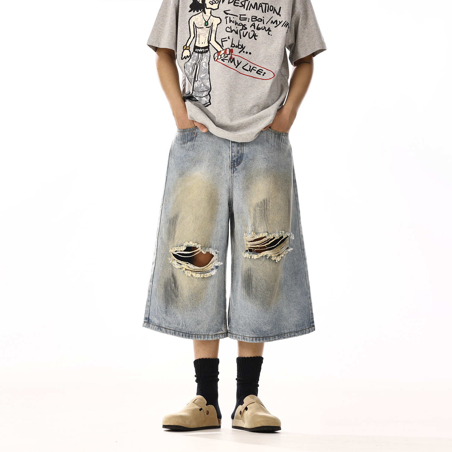 Vintage Yellow Mud Dye Ripped Denim Shorts for Unisex – Versatile Washed Straight Loose Wide-Leg Casual Capris, Y2K Style