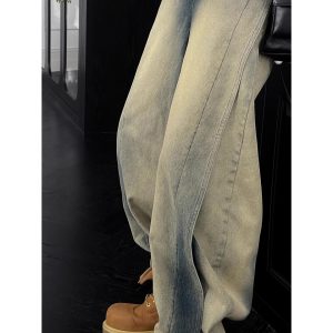 Vintage Yellow Water-Washed Wide-Leg Men's Jeans with Deconstructed Design - Retro American High Street Style for Spring