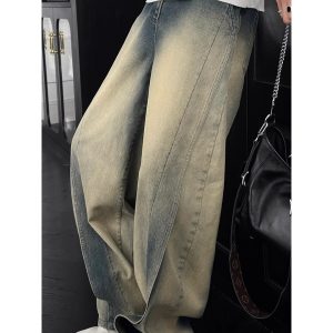 Vintage Yellow Water-Washed Wide-Leg Men's Jeans with Deconstructed Design - Retro American High Street Style for Spring