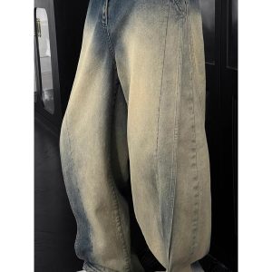 Vintage Yellow Water-Washed Wide-Leg Men's Jeans with Deconstructed Design - Retro American High Street Style for Spring